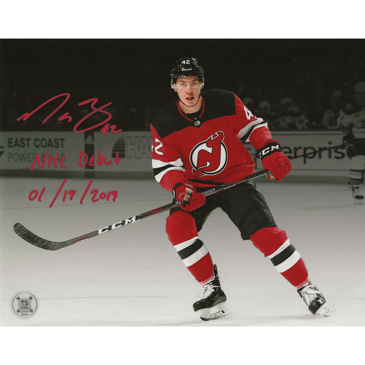 Nathan Bastian Autographed New Jersey Devils Spotlight NHL Debut Inscribed "NHL Debut 01/19/2019" 8x10 Photo