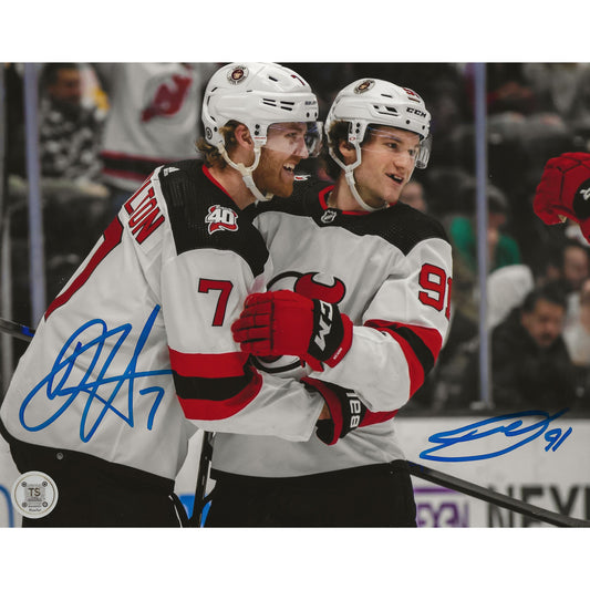 Dawson Mercer & Dougie Hamilton Autographed New Jersey Devils Celebration 8x10 Photo