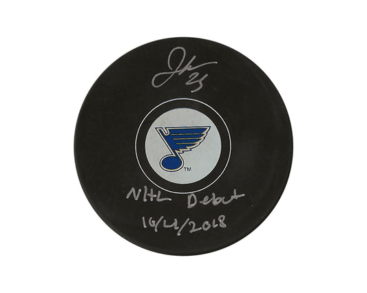 Jordan Kyrou Autographed St. Louis Blues Autograph Model Puck Inscribed "NHL Debut 10/4/2018"