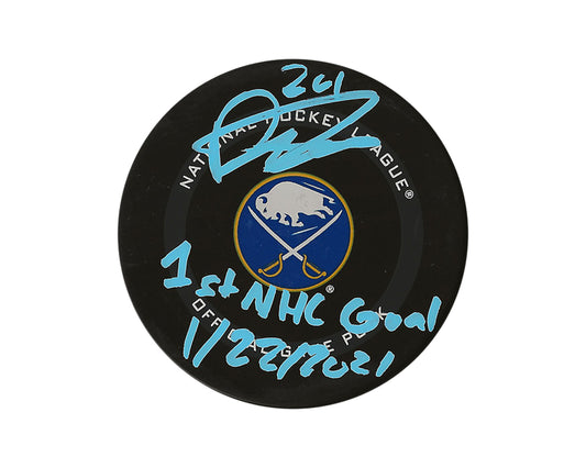 Dylan Cozens Autographed Buffalo Sabres Official Game Puck Inscribed "1st NHL Goal 1/22/2021"