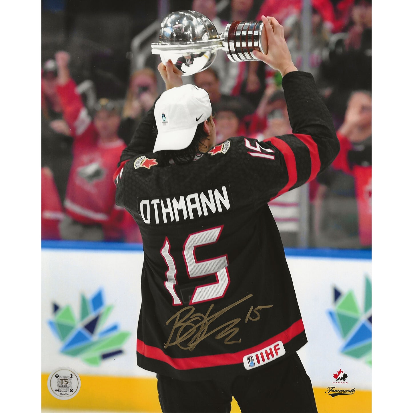 Brennan Othmann Autographed Team Canada 2022 World Juniors Celebrating w/ Trophy 8x10 Photo