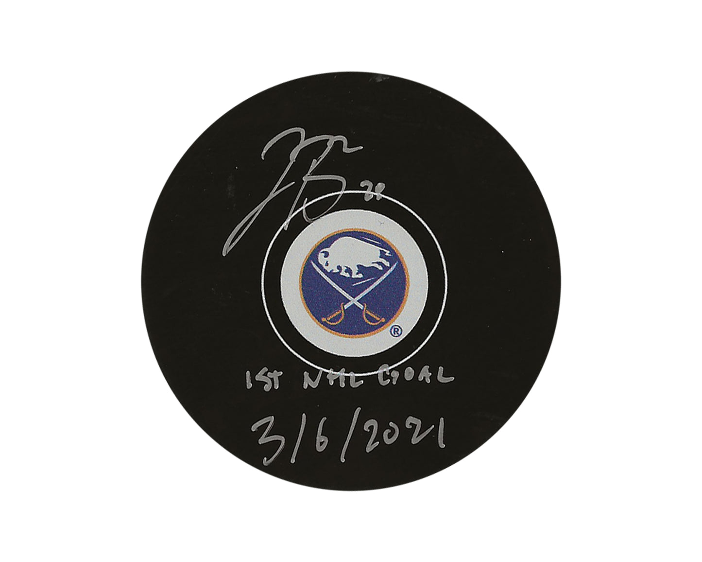 Jacob Bryson Autographed Buffalo Sabres Autograph Model Puck Inscribed "1st NHL Goal 3/6/2021"