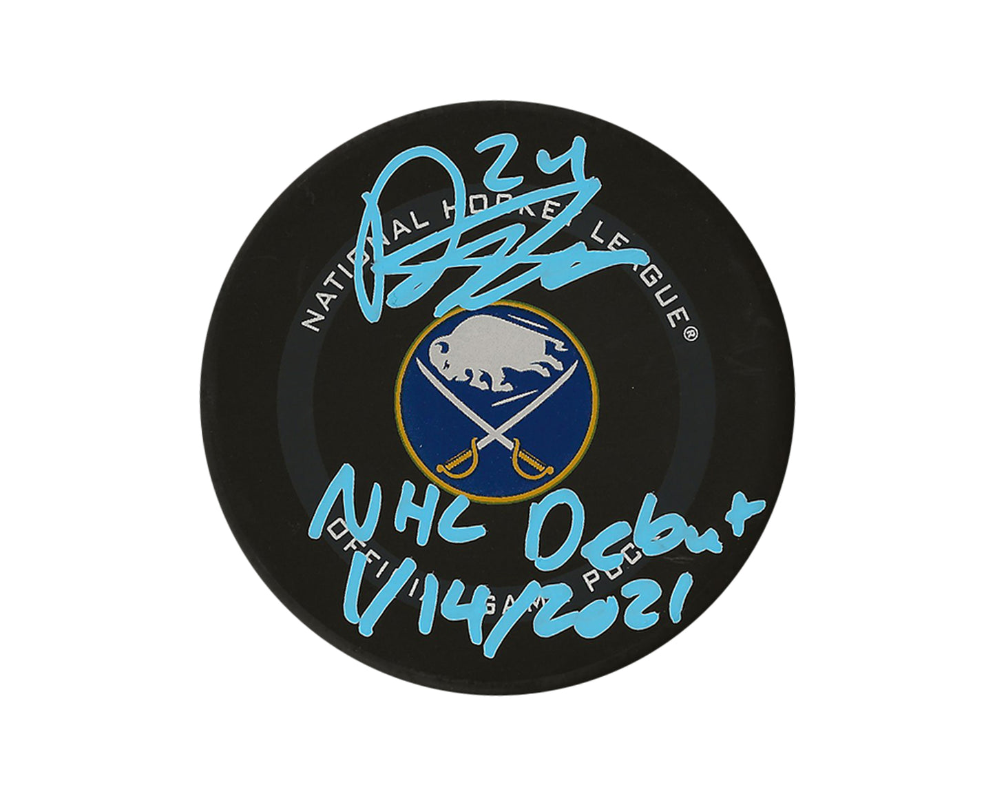 Dylan Cozens Autographed Buffalo Sabres Official Game Puck Inscribed "NHL Debut 1/14/2021"