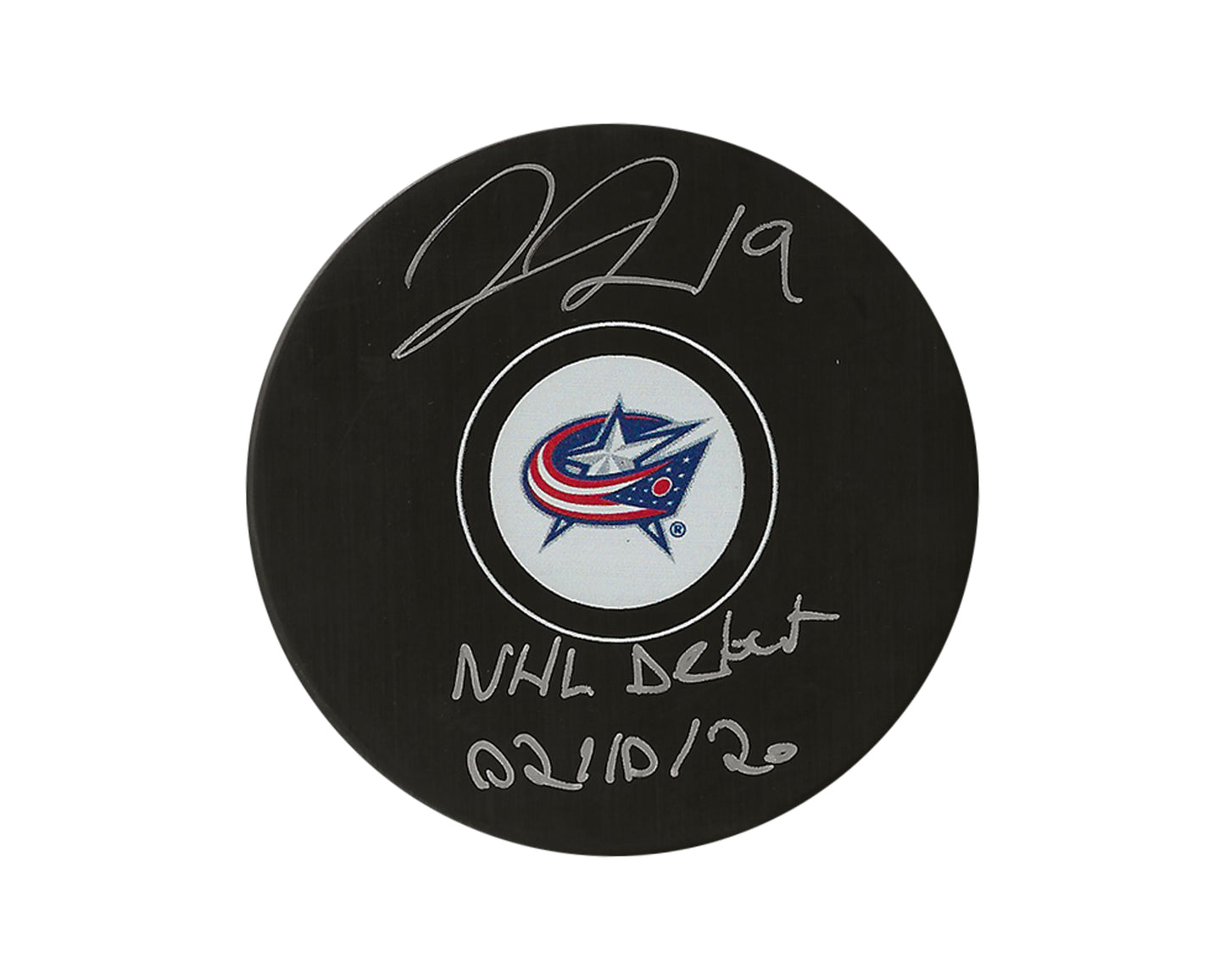 Liam Foudy Autographed Columbus Blue Jackets Autograph Model Puck Inscribed "NHL Debut 02/10/20"