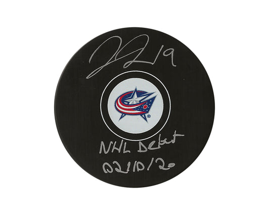 Liam Foudy Autographed Columbus Blue Jackets Autograph Model Puck Inscribed "NHL Debut 02/10/20"