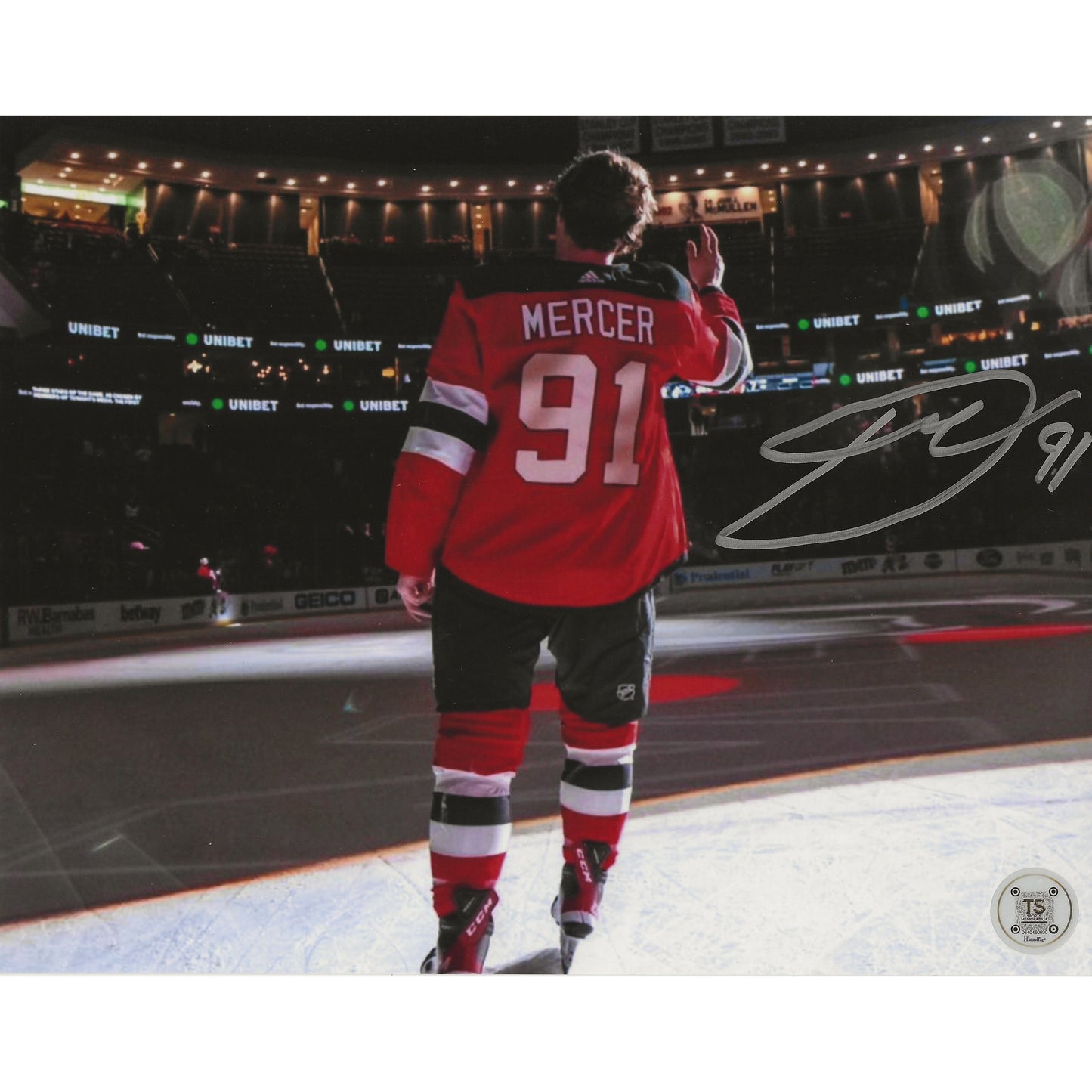 Dawson Mercer Autographed New Jersey Devils Salute to Crowd 8x10 Photo