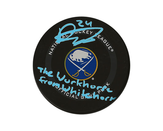 Dylan Cozens Autographed Buffalo Sabres Official Game Puck Inscribed "The Workhorse from Whitehorse"