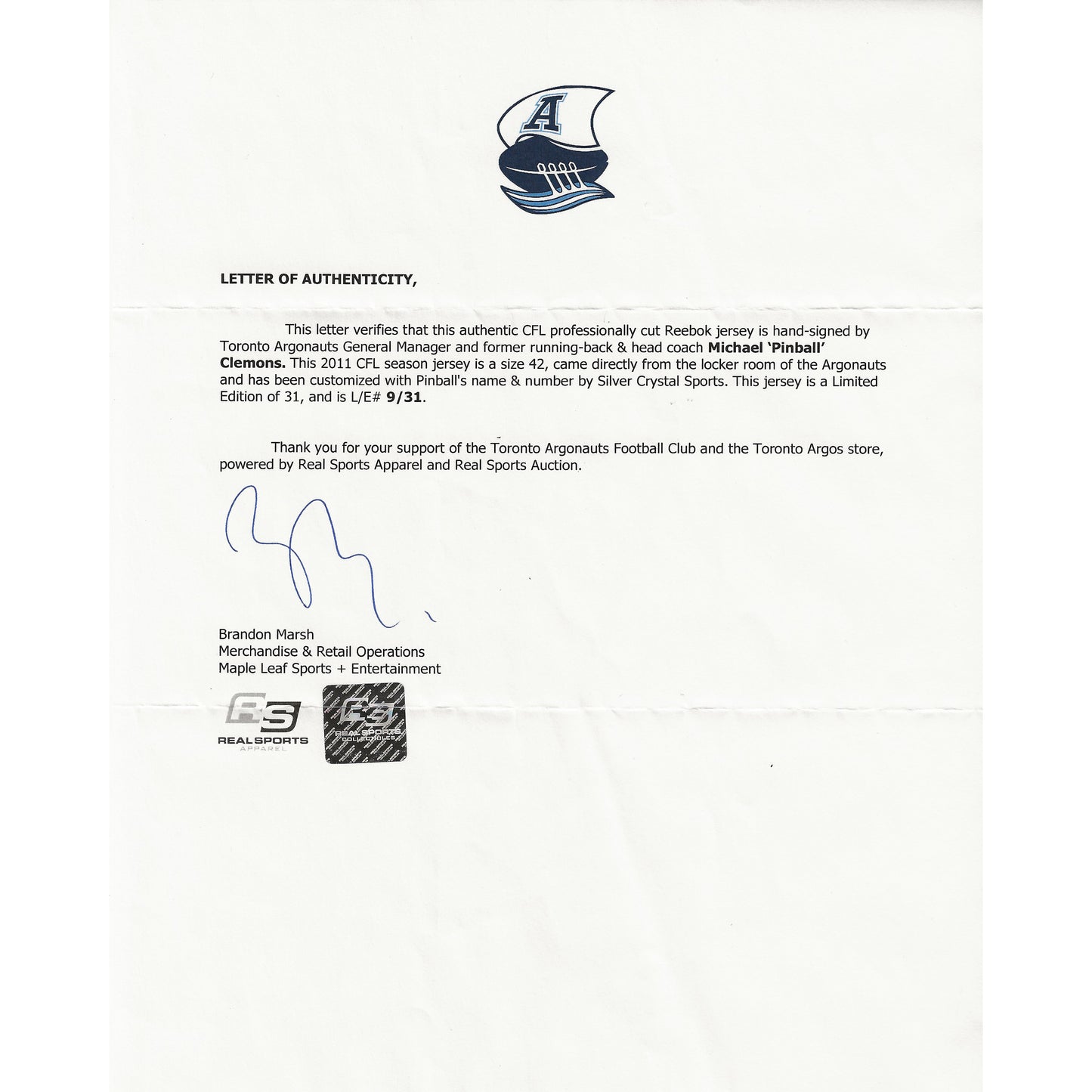 Michael Pinball Clemons Autographed Toronto Argonauts Away White Reebok Pro Jersey LE 9/31