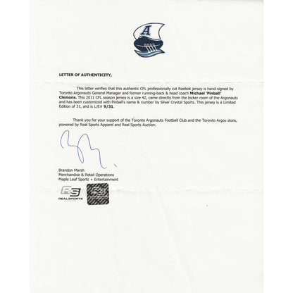 Michael Pinball Clemons Autographed Toronto Argonauts Away White Reebok Pro Jersey LE 9/31