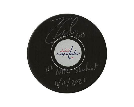 Zach Fucale Autographed Washington Capitals Autograph Model Puck Inscribed "1st NHL Shutout 11/11/2021"