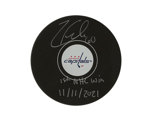 Zach Fucale Autographed Washington Capitals Autograph Model Puck Inscribed "1st NHL Win 11/11/2021"