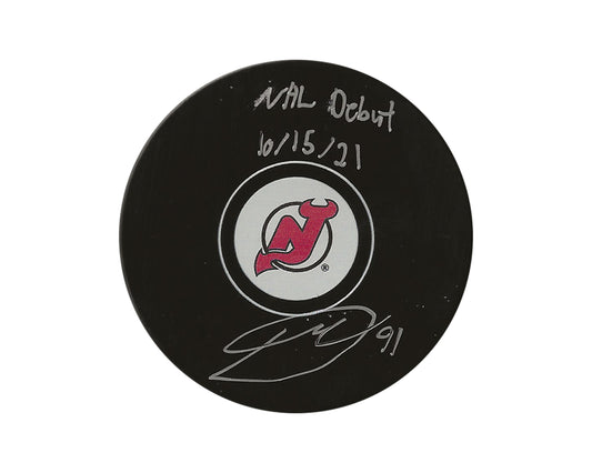 Dawson Mercer Autographed New Jersey Devils Autograph Model Puck Inscribed "NHL Debut 10/15/21"