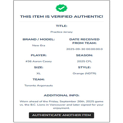 Aaron Casey Autographed & Player-Worn Toronto Argonauts Orange Jersey