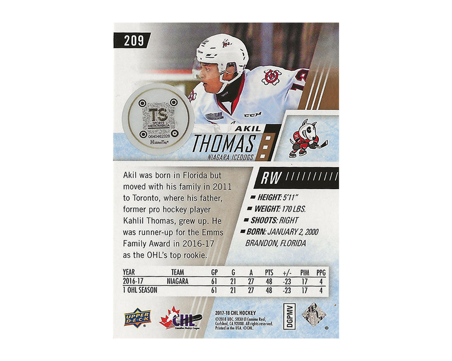 Akil Thomas Autographed 2017-18 Upper Deck CHL #209 Hockey Card