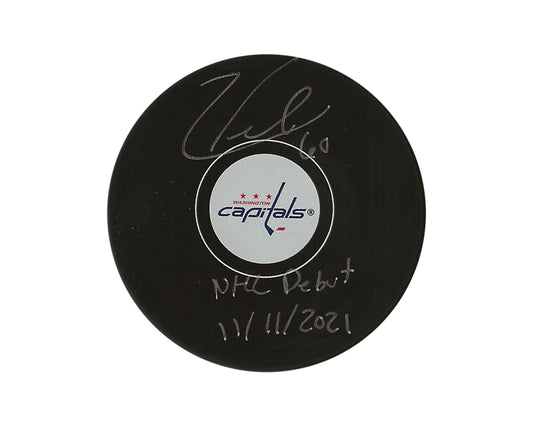 Zach Fucale Autographed Washington Capitals Autograph Model Puck Inscribed "NHL Debut 11/11/2021"