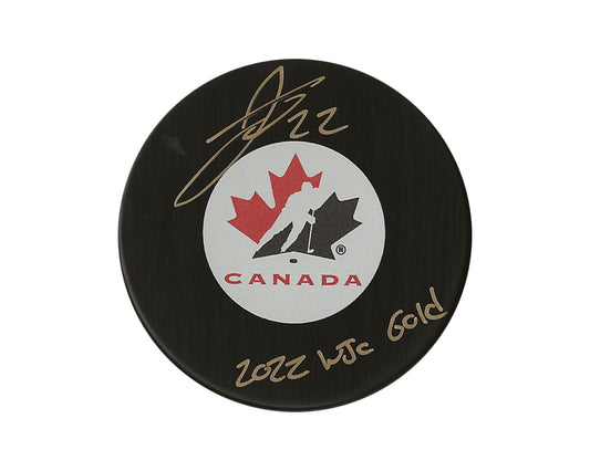 Jack Thompson Autographed Team Canada Autograph Model Puck Inscribed "2022 WJC Gold"