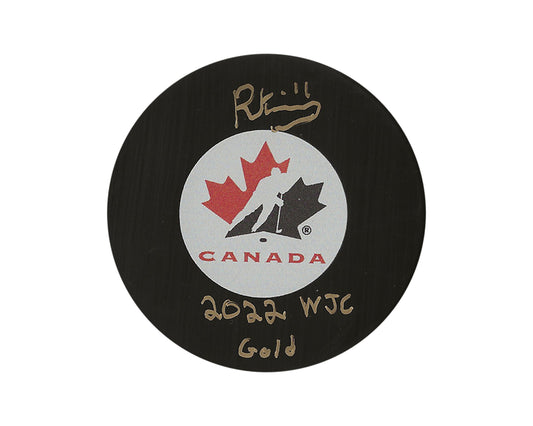 Riley Kidney Autographed Team Canada Autograph Model Puck Inscribed "2022 WJC Gold"