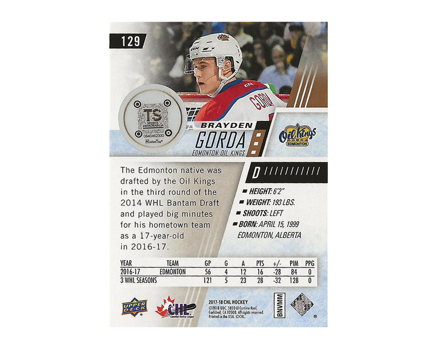 Brayden Gorda Autographed 2017-18 Upper Deck CHL #129 Hockey Card