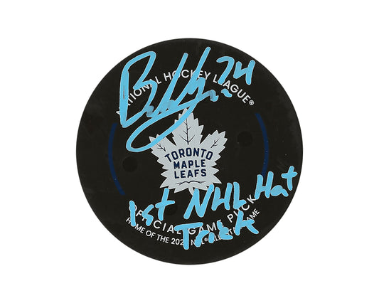 Bobby McMann Autographed Toronto Maple Leafs Game-Used Official Game Puck Inscribed "1st NHL Hat Trick"