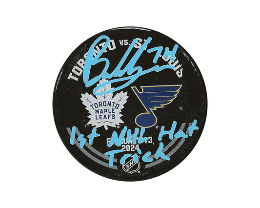 Bobby McMann Autographed Toronto Maple Leafs Game-Used Warm-Up Puck Inscribed "1st NHL Hat Trick"