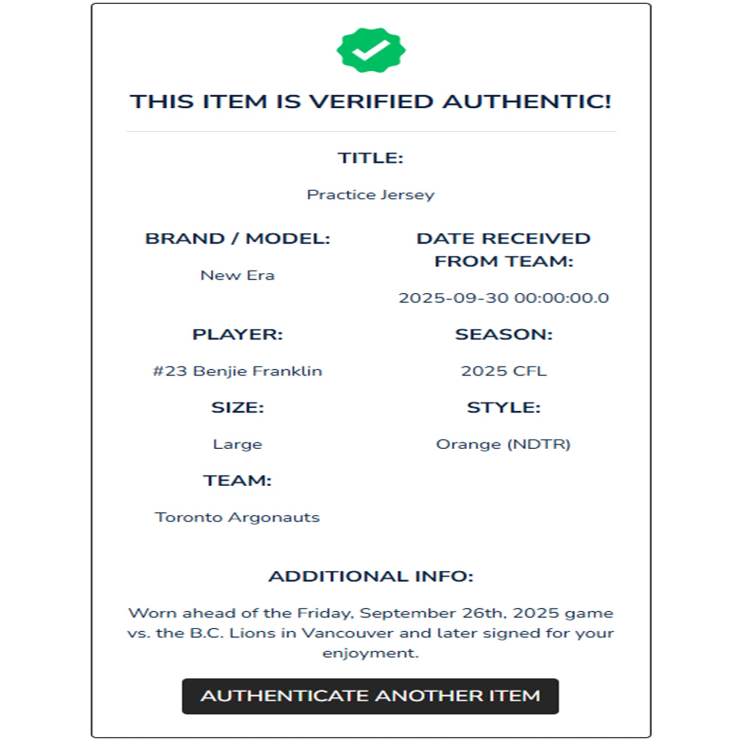 Benjie Franklin Autographed & Player-Worn Toronto Argonauts Orange Jersey