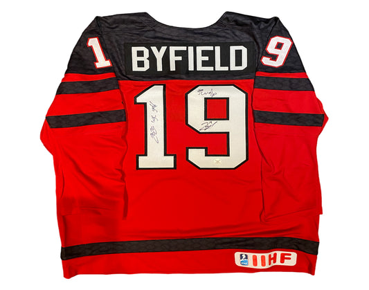 Quinton Byfield Autographed Team Canada Home Red Nike Jersey Multi-Inscribed