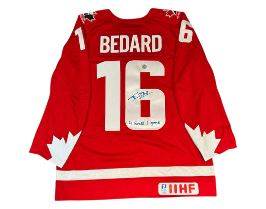 Connor Bedard Autographed Team Canada Heritage Red Nike Jersey Inscribed "4 Goals 1 Game"