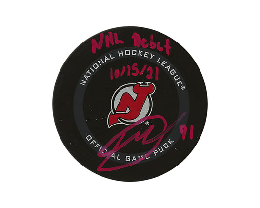 Dawson Mercer Autographed New Jersey Devils Official Game Puck Inscribed "NHL Debut 10/15/21"