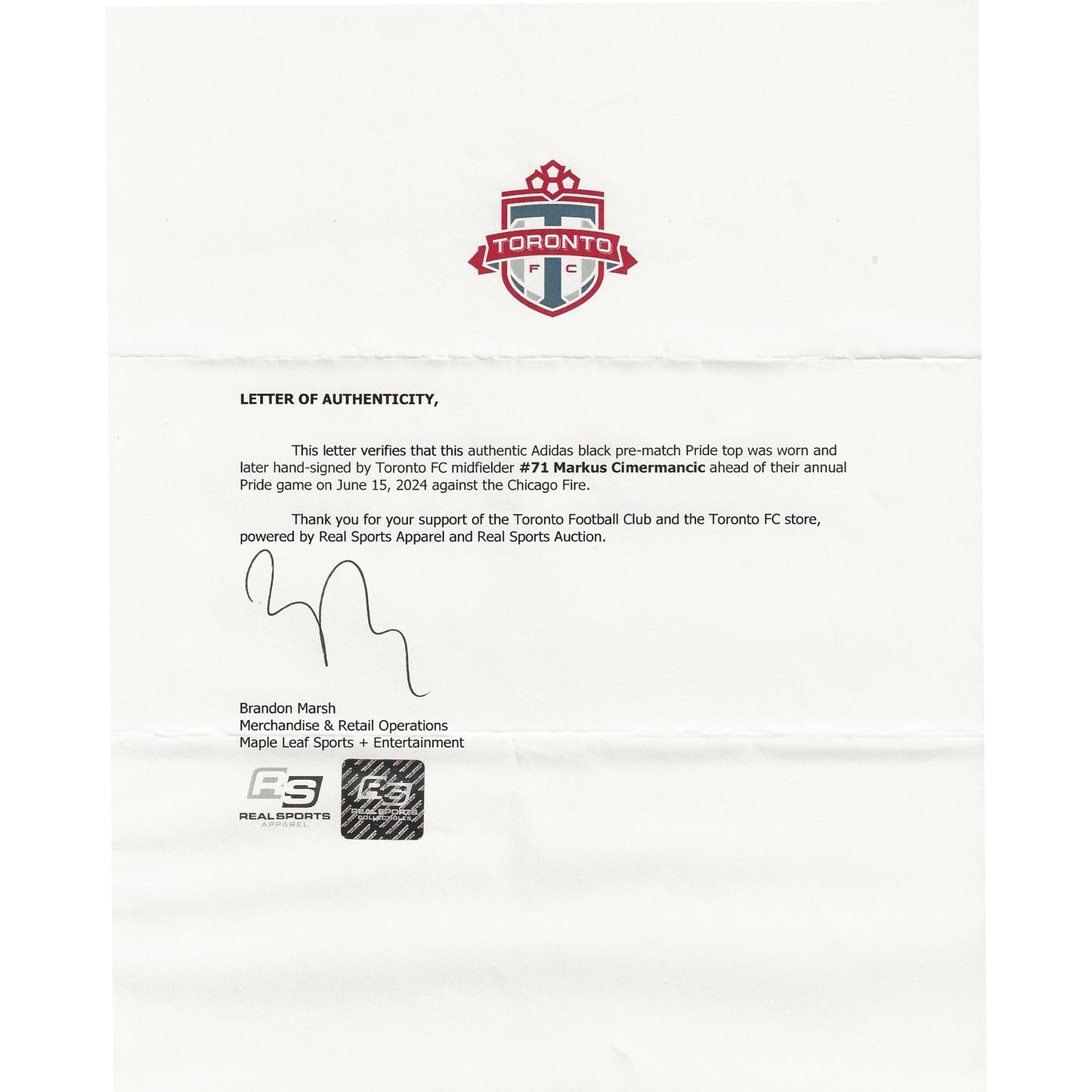 Markus Cimermancic Autographed & Player-Worn 2024 Toronto FC Adidas Pride Jersey