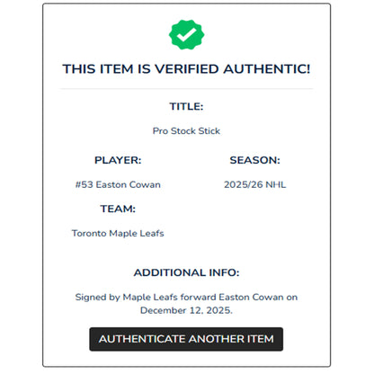 Easton Cowan Autographed Team-Issued Bauer Vapor Flylite Stick