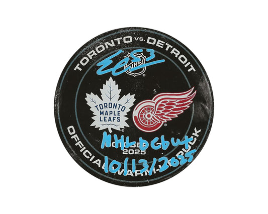 Easton Cowan Autographed Toronto Maple Leafs Used Warm-Up Puck Inscribed "NHL Debut"