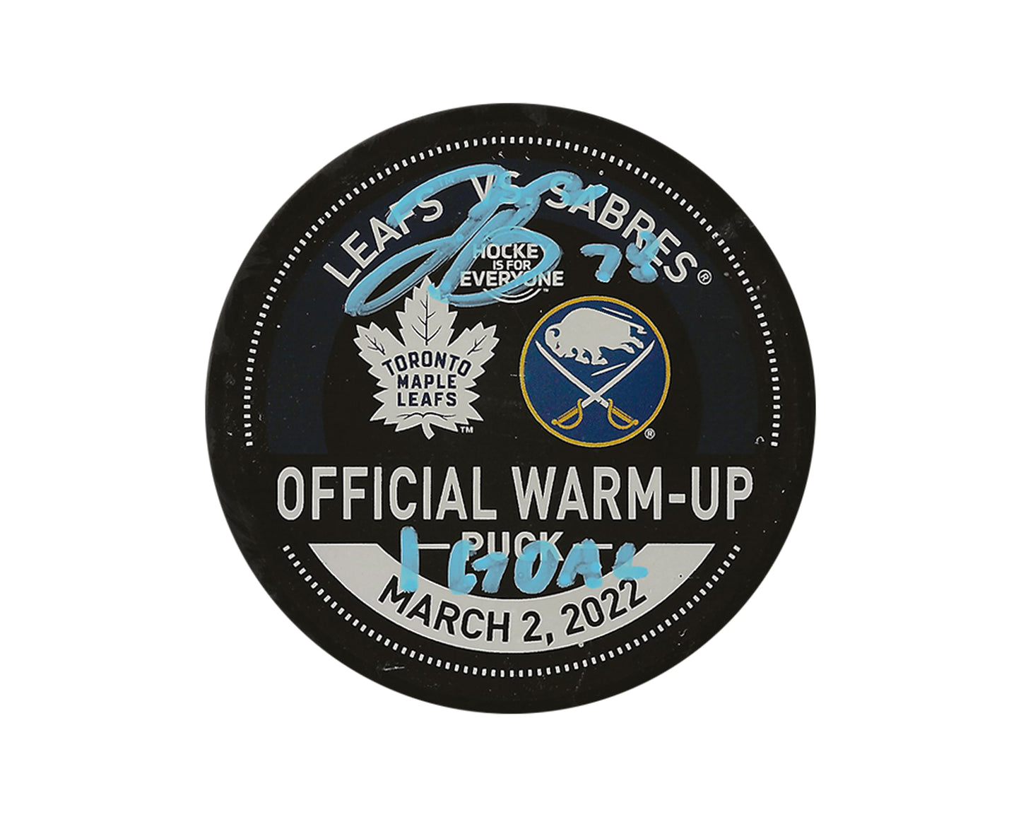 Jacob Bryson Autographed Toronto Maple Leafs Warm-Up Used Puck Inscribed "1 Goal"