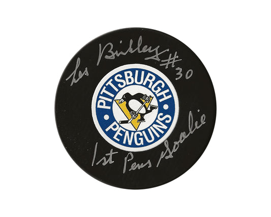 Les Binkley Autographed Pittsburgh Penguins Autograph Retro Model Puck Inscribed "1st Pens Goalie"