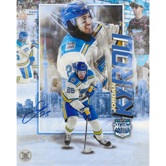 Jordan Kyrou Autographed St. Louis Blues 2022 Winter Classic Artwork 8x10 Photo