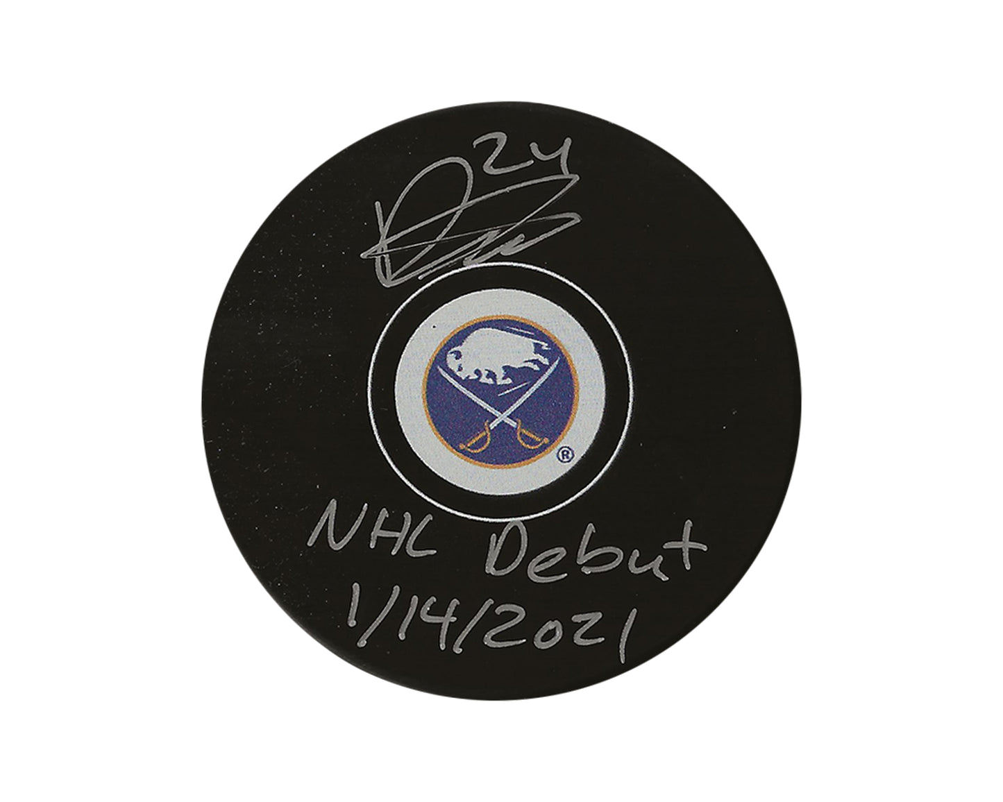 Dylan Cozens Autographed Buffalo Sabres Autograph Model Puck Inscribed "NHL Debut 1/14/2021"