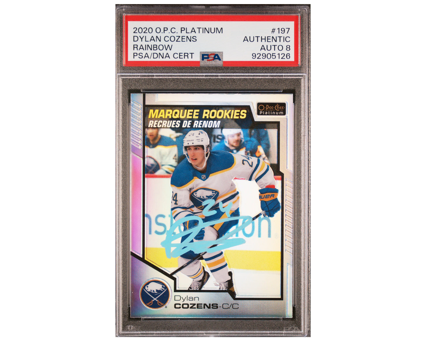 Dylan Cozens Autographed PSA Auto 8 2020-21 O-Pee-Chee Platinum Marquee Rookies #197