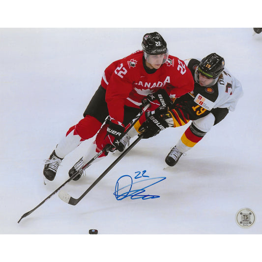 Dylan Cozens Autographed Team Canada World Juniors Skating w/ Puck 8x10 Photo
