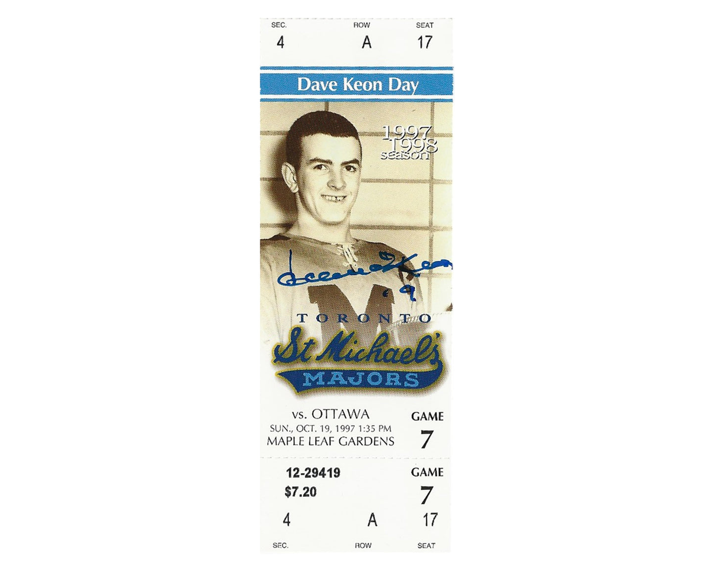 Dave Keon Autographed St. Michael's Majors Retirement Night Ticket Stub