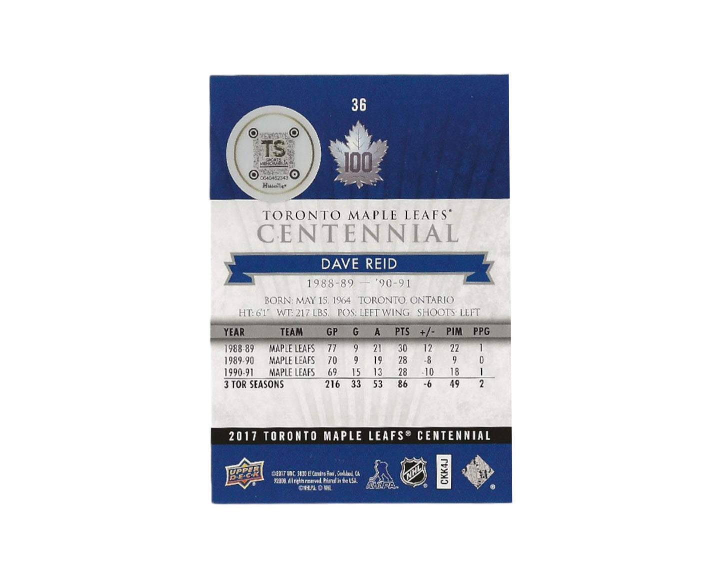 Dave Reid Autographed 2017 Upper Deck Toronto Maple Leafs Centennial #36 Hockey Card