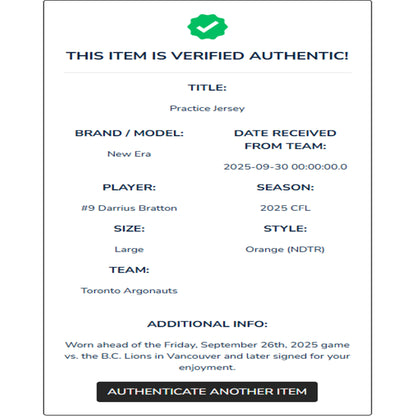 Darrius Bratton Autographed & Player-Worn Toronto Argonauts Orange Jersey