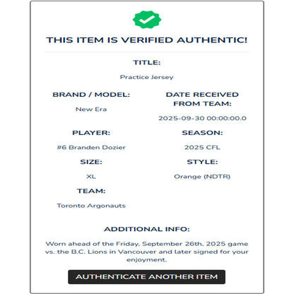 Branden Dozier Autographed & Player-Worn Toronto Argonauts Orange Jersey