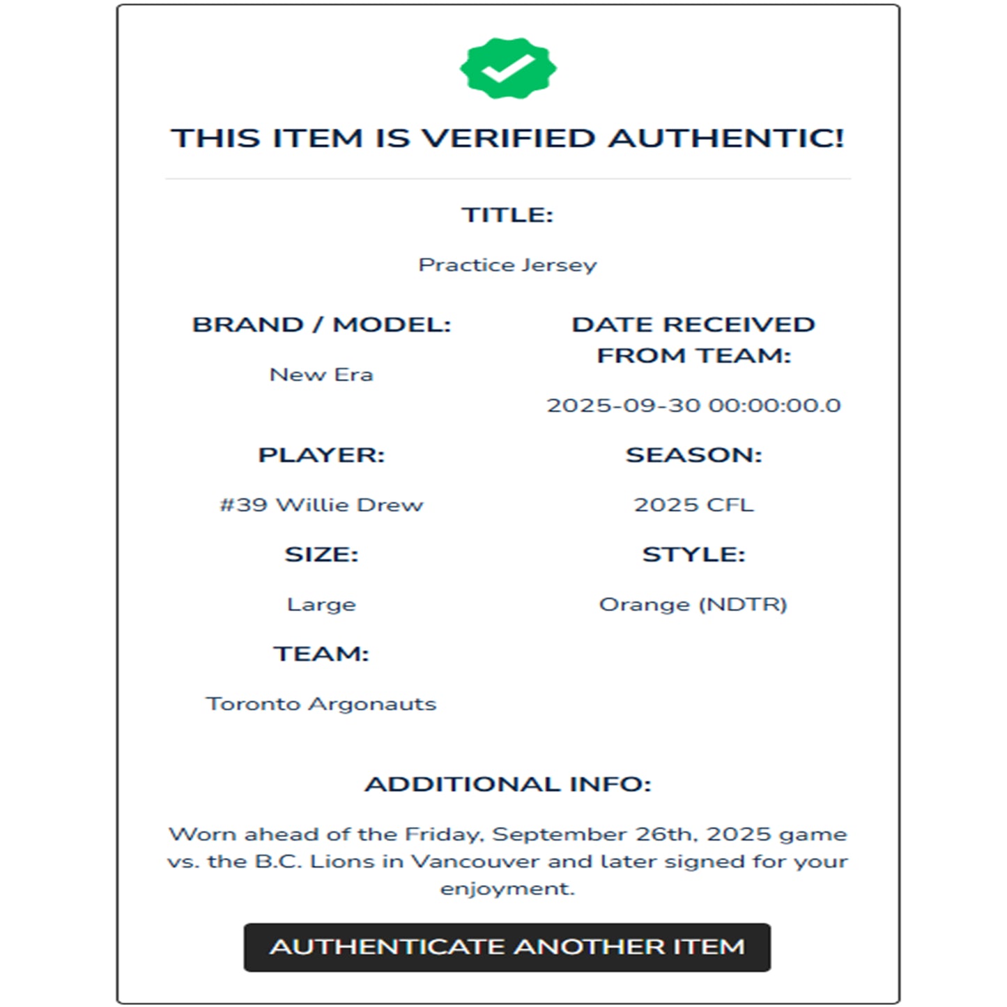 Willie Drew Autographed & Player-Worn Toronto Argonauts Orange Jersey