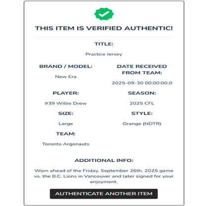 Willie Drew Autographed & Player-Worn Toronto Argonauts Orange Jersey