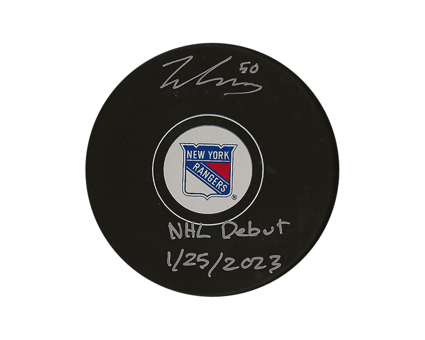 Will Cuylle Autographed New York Rangers Autograph Model Puck Inscribed "NHL Debut 1/25/2023"