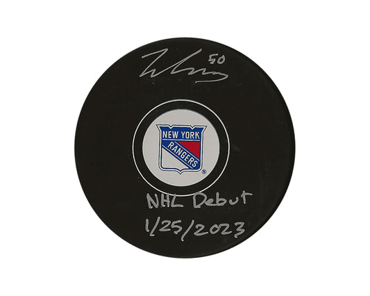 Will Cuylle Autographed New York Rangers Autograph Model Puck Inscribed "NHL Debut 1/25/2023"