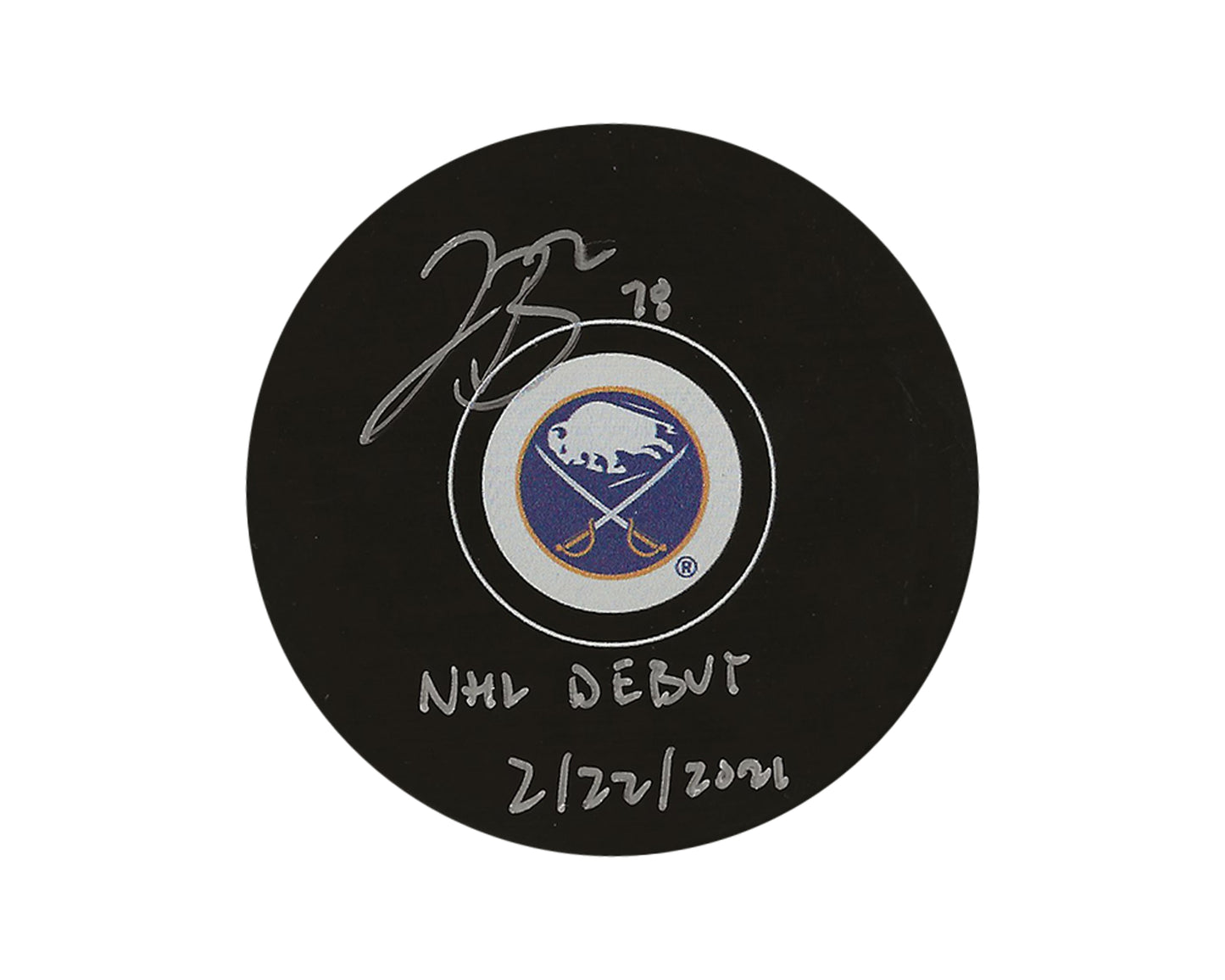 Jacob Bryson Autographed Buffalo Sabres Autograph Model Puck Inscribed "NHL Debut 2/22/2021"