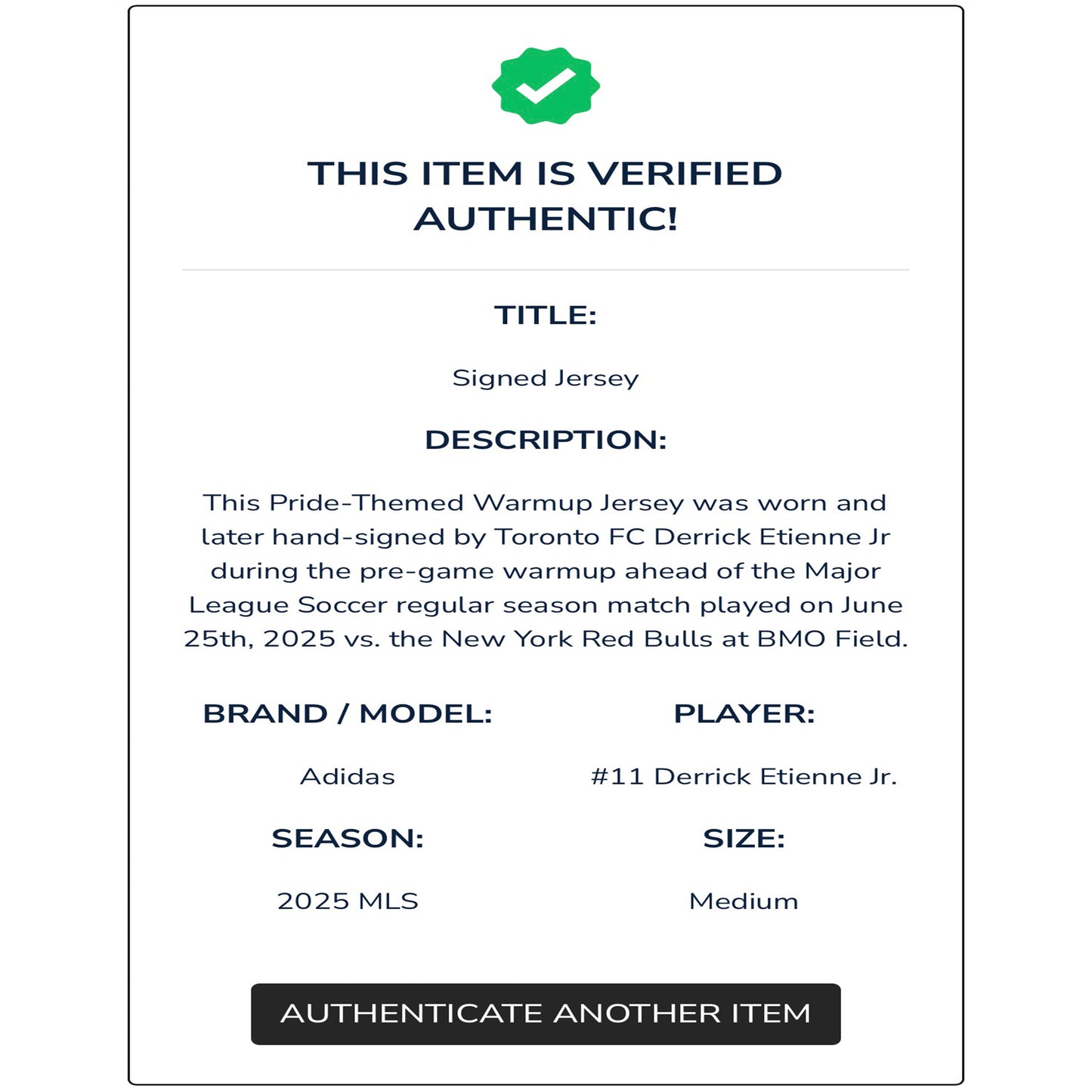 Derrick Etienne Jr. Autographed & Player-Worn 2025 Toronto FC Adidas Pride Jersey