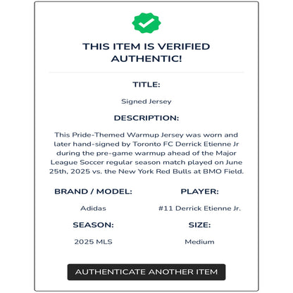 Derrick Etienne Jr. Autographed & Player-Worn 2025 Toronto FC Adidas Pride Jersey