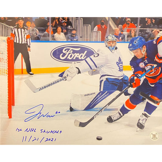 Joseph Woll Toronto Maple Leafs Save Autographed 11x14 Photo Inscribed "1st NHL Shutout 11/21/2021"
