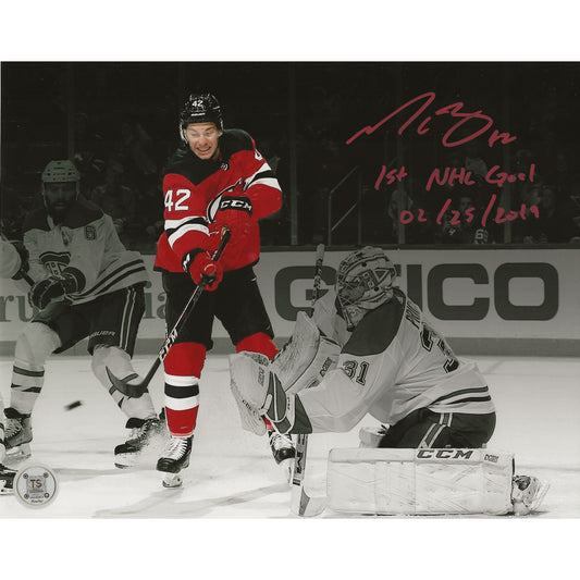 Nathan Bastian Autographed New Jersey Devils Spotlight 1st Goal Inscribed "1st NHL Goal 02/25/2019" 8x10 Photo